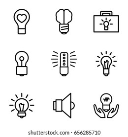 Lightbulb icons set. set of 9 lightbulb outline icons such as bulb, bulb heart