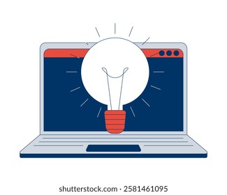 Lightbulb idea against open laptop screen 2D cartoon object. Online solutions. Bright light bulb on notebook technology isolated element flat vector clipart on white background. Spot illustration