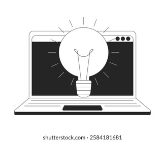 Lightbulb idea against open laptop screen black and white 2D line object. Online solutions. Bright light bulb notebook technology isolated clip art vector outline item. Monochromatic spot illustration