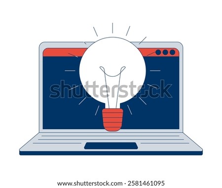 Lightbulb idea against open laptop screen 2D cartoon object. Online solutions. Bright light bulb on notebook technology isolated element flat vector clipart on white background. Spot illustration