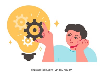 Lightbulb idea cogwheel. Implement business idea, development process, optimization