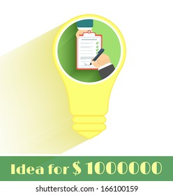 Lightbulb idea concept at flat design and long shadow. Hand signature for mail