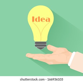 Lightbulb idea concept with hand at flat design and long shadow