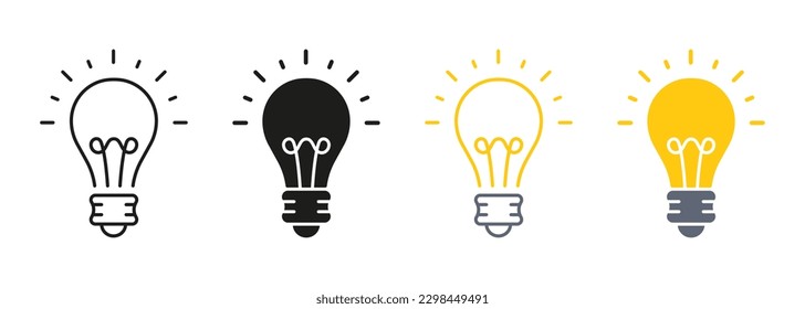 Lightbulb Idea Concept Line and Silhouette Color Icon Set. Light Bulb Bright, Creative Solution, Innovation Pictogram. Low Energy Lightbulb Symbols on White Background. Isolated Vector Illustration.
