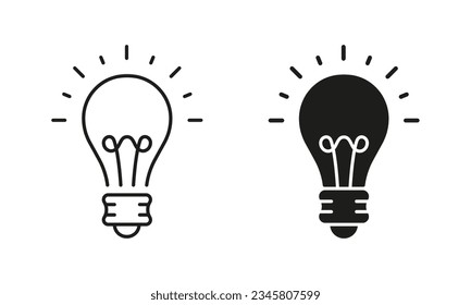 Lightbulb Idea Concept Line and Silhouette Icon Set. Creative Solution, Innovation Sign. Bright Light Bulb Pictogram. Low Energy Lightbulb Symbols on White Background. Isolated Vector Illustration.