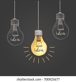 lightbulb or idea. engraved hand drawn in old sketch and vintage symbols. Back to School Elements.