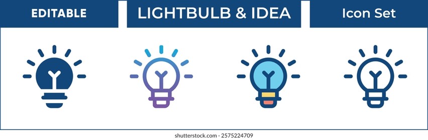 Lightbulb and Idea Icon Set. Editable Vector Icons for idea, inspiration, creativity, innovation, solution, and more. Includes line, gradient, filled, and outline styles.