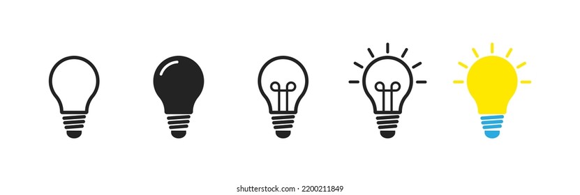 lightbulb idea icons set, flat, vector, yellow light bulb, creative sign, concept, innovation