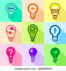 Lightbulb idea icons set, flat style. Illustration of lightbulb idea icon for any design
