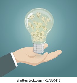 Lightbulb idea for make money on hand of businessman.Vector illustration business investment concept.
