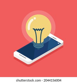 Lightbulb idea on the smartphone screen isometric. Vector illustration