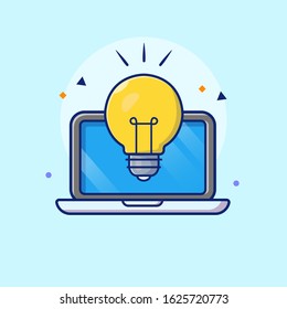 Lightbulb Idea Vector Icon Illustration. Light Bulb And Laptop, Online Idea Icon Concept White Isolated. Flat Cartoon Style Suitable for Web Landing Page, Banner, Sticker, Background