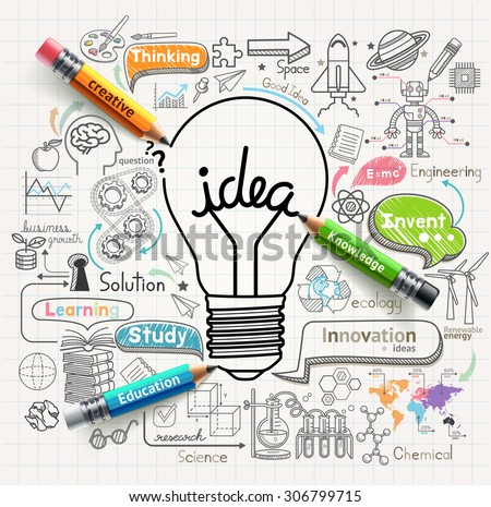 Lightbulb ideas concept doodles icons set. Vector illustration.