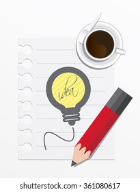 Lightbulb ideas concept on paper with coffee