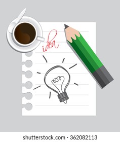 Lightbulb ideas concept on paper with coffee and pencil