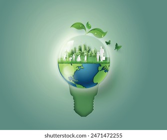 Lightbulb illustration with green city, earth, and leaves representing clean energy and sustainable environment.