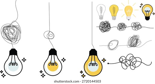 Ilustrações de lâmpadas mostram a progressão de um complicado emaranhado fio que representa confusão através de estágios de refinamento para uma ideia iluminada brilhante que significa inovação conceitual bem sucedida e clareza.