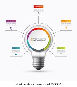 Lightbulb Infographic Template With 5 Options. Creative Business Startup Concept. Can Be Used As Circular Chart, Cycle Diagram, Graph, Workflow Layout For Report, Web, Presentation. Vector Background