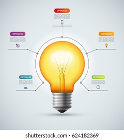 Lightbulb Infographic Template With 5 Options. Creative Idea Concept. Can Be Used For Circular Chart, Cycle Diagram, Graph, Workflow Layout, Web Design. Vector Background