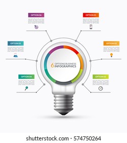 Lightbulb infographic template with 6 options. Creative business startup concept. Can be used as circular chart, cycle diagram, graph, workflow layout for report, web, presentation. Vector background
