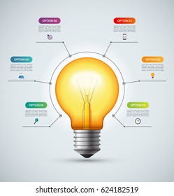 Lightbulb Infographic Template With 6 Options. Creative Idea Concept. Can Be Used For Circular Chart, Cycle Diagram, Graph, Workflow Layout, Web Design. Vector Background