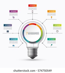 Lightbulb infographic template with 7 options. Creative business startup concept. Can be used as circular chart, cycle diagram, graph, workflow layout for report, web, presentation. Vector background