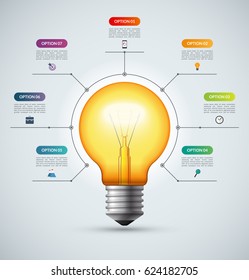 Lightbulb infographic template with 7 options. Creative idea concept. Can be used for circular chart, cycle diagram, graph, workflow layout, web design. Vector background