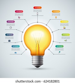 Lightbulb infographic template with 9 options. Creative idea concept. Can be used for circular chart, cycle diagram, graph, workflow layout, web design. Vector background