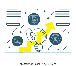 Gráfico de infografías de bombillas con iconos de temas de negocios