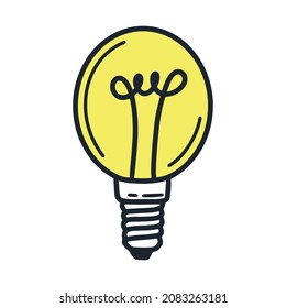 Lightbulb isolated doodle object. Lamp with yellow light, electricity. Single glass flask, vector illustration