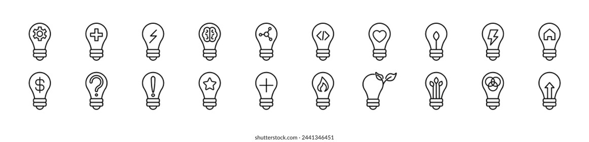 Bombilla con elementos Pictogramas vectoriales dibujados con línea delgada. Trazo editable. Ilustración lineal simple para sitios web, periódicos, libros de artículos