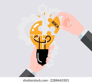 Bombilla de luz con un rompecabezas sobre fondo de cog. el concepto de idea creativa inspiradora. Innovación empresarial de emprendimiento. Ilustración vectorial para banner, afiche y fondo.
