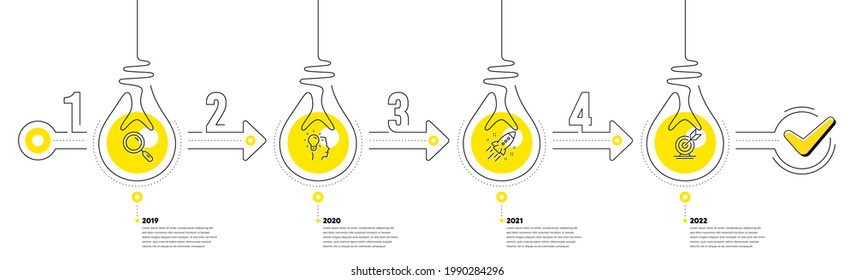 Lightbulb Journey Path Infographics. Business Infographic Timeline With 4 Steps. Workflow Process Diagram With Research, Idea Head, Startup Rocket And Goal Target Line Icons. Vector