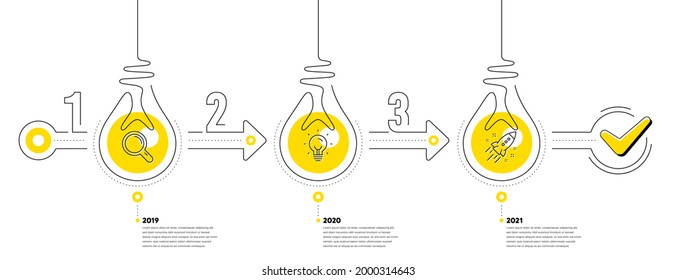 Lightbulb Journey Path Infographics. Business Infographic Template. Timeline With 3 Steps. Workflow Process Diagram With Research, Idea Bulb And Startup Rocket Line Icons. Vector