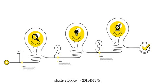 Lightbulb journey path infographics. Business Infographic template. Timeline with 3 steps. Workflow process diagram with icons. Research, Idea bulb and Goal target icon. Vector