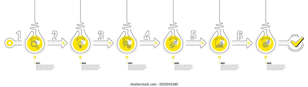 Lightbulb journey path infographics. Business Infographic timeline with 6 steps. Workflow process diagram with Idea, Working, Growth chart and Goal target line icons. Vector