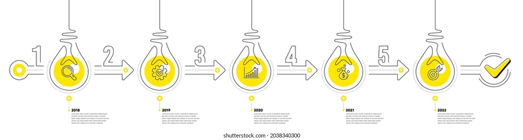 Lightbulb journey path infographics. Business Infographic timeline with 5 steps. Workflow process diagram with Research Idea, Data Analysis, Money earn and Goal target line icons. Vector