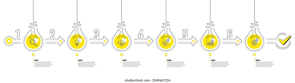 Lightbulb journey path infographics. Business Infographic timeline with 6 steps. Workflow process diagram with Research Idea, Working, Growth chart and Goal target line icons. Vector