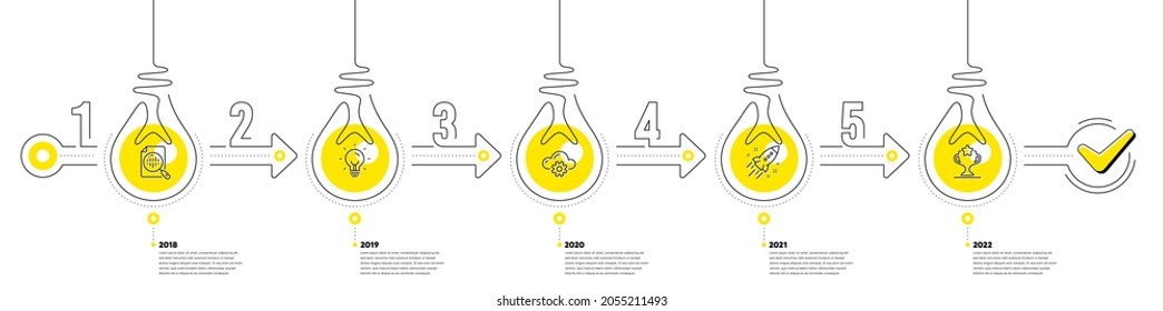 Lightbulb journey path infographics. Business Infographic timeline with 5 steps. Workflow process diagram with Idea, Work, Startup rocket and Winner cup line icons. Timeline infograph diagram. Vector