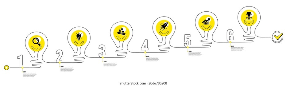 Lightbulb Journey Path Infographics. Business Infographic Timeline With 6 Steps. Workflow Process Diagram With Research Idea, Team Work, Growth Chart And Winner Cup Target Icons. Vector