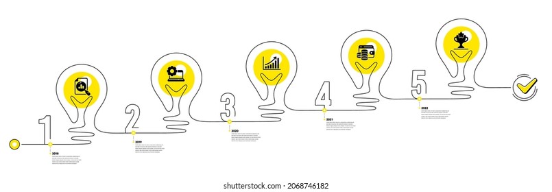 Lightbulb journey path infographics. Business Infographic timeline with 5 steps. Workflow process diagram with Research, Data Analysis, Money earn and Winner cup icons. Vector