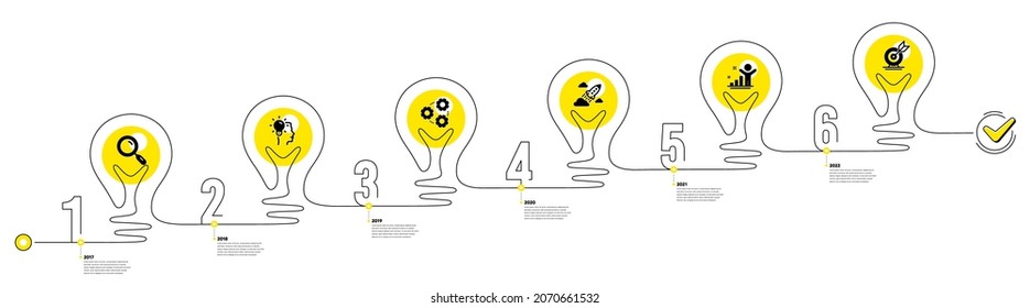 infografías de trayectorias de viaje de bombillas. Escala de tiempo de la Infografía Empresarial con 6 pasos. Diagrama de procesos de flujo de trabajo con los iconos Idea de investigación, Trabajo, cohete de inicio y Objetivo. Vector