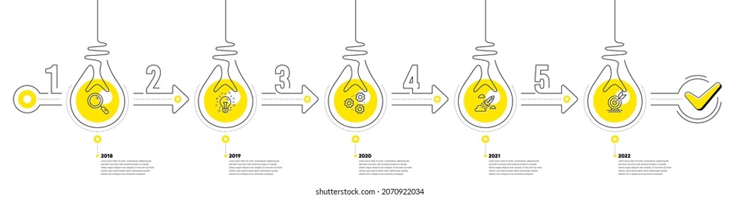 Lightbulb journey path infographics. Business Infographic timeline with 5 steps. Workflow process diagram with Research Idea, Working, Startup rocket and Goal target line icons. Vector