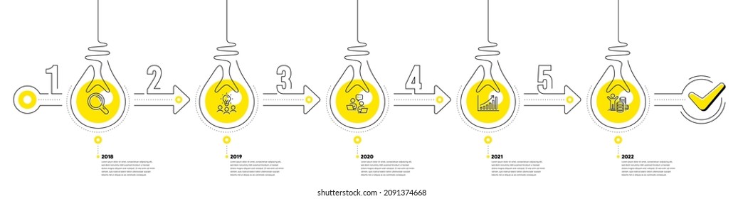 Lightbulb journey path infographics. Business Infographic timeline with 5 steps. Workflow process diagram with Research, Working idea, Teamwork and Money reward line icons. Vector