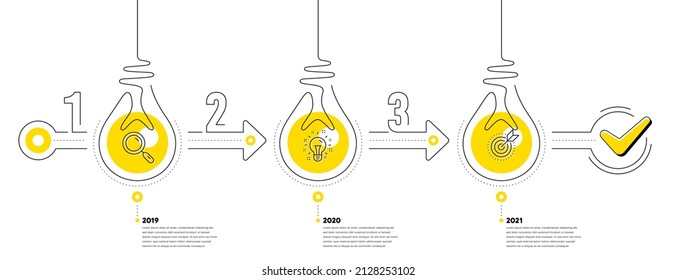 Lightbulb Journey Path Infographics. Business Infographic Template. Timeline With 3 Steps. Workflow Process Diagram With Line Icons. Research, Idea Bulb And Goal Target Icon. Vector