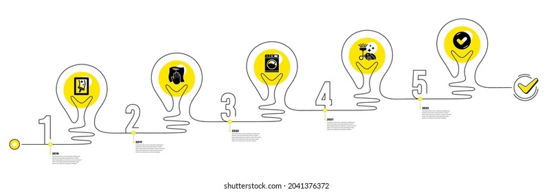 Lightbulb journey path infographics. Cleaning Infographic timeline with 5 steps. Workflow process diagram with Clean Window, Wipe cloth, Washing machine and Vacuum cleaner icons. Vector