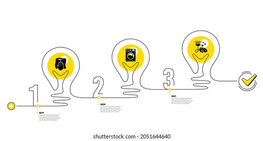 Lightbulb journey path infographics. Cleaning Infographic timeline with 3 steps. Workflow process diagram with Wipe cloth, Washing machine, Vacuum cleaner icons. Timeline infograph diagram. Vector