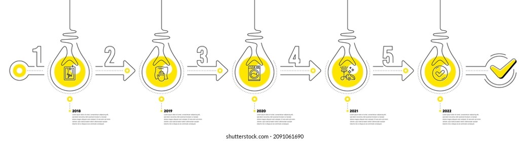 Lightbulb journey path infographics. Cleaning Infographic timeline with 5 steps. Workflow process diagram with Clean Window, Wipe cloth, Washing machine and Vacuum cleaner line icons. Vector