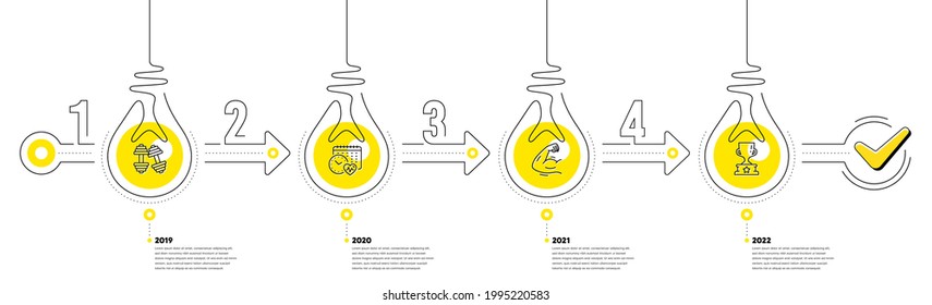 Lightbulb journey path infographics. Gym Infographic timeline with 4 steps. Sport process diagram with Dumbbells, Exercise schedule, Strong muscle arm and Winner cup line icons. Vector