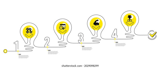 Lightbulb journey path infographics. Gym Infographic timeline with 4 steps. Sport process diagram with Dumbbells, Exercise schedule, Strong muscle arm and Winner cup icons. Vector